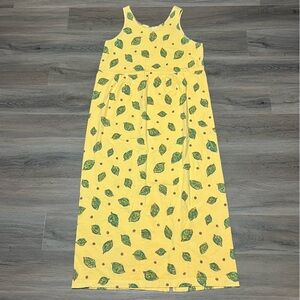 Fresh Produce Medium Dress Yellow Leaf Print Midi 100% Cotton Cottagecore VTG